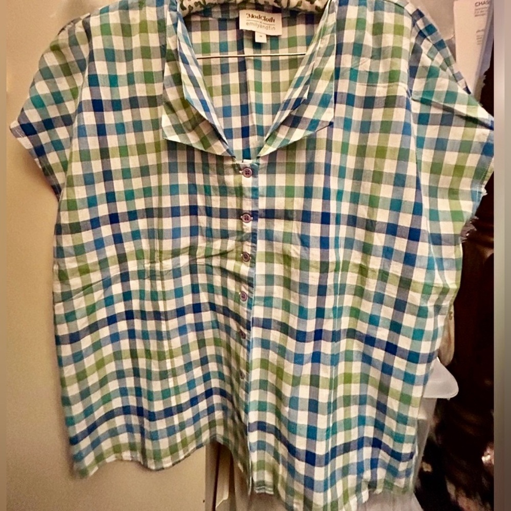 NWOT Emily & Fin ModCloth Cotton Gingham Blue green white sleeveless collar sz1x